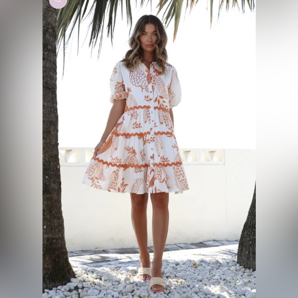 White and Orange Puff Sleeve Sundress